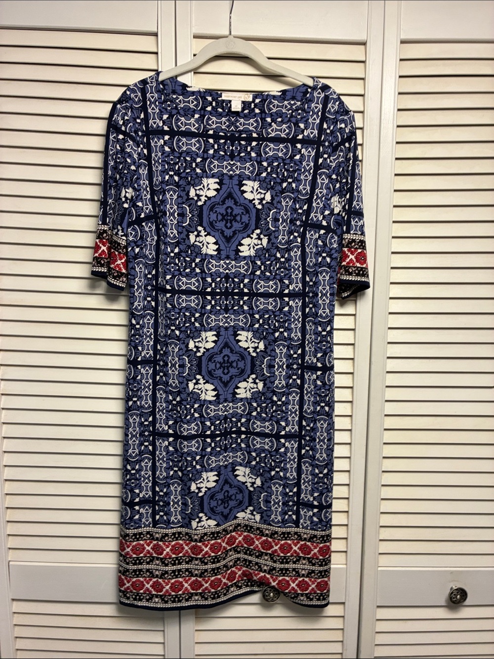 Westport Blue and White Printed Midi Dress with Red Trim